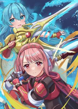 2girls absurdres aqua_eyes aqua_hair armor axe blue_aura blush cape class_change earrings eirika_(fire_emblem) emblem_(fire_emblem_engage) fingerless_gloves fire_emblem fire_emblem:_the_sacred_stones fire_emblem_engage gloves grey_hairband hairband highres holding holding_axe holding_sword holding_weapon jewelry lapis_(fire_emblem) long_hair looking_at_viewer multicolored_hairband multiple_girls nintendo pink_eyes pink_hair red_armor red_gloves red_hairband ribbon short_hair sieglinde_(sword) sword tokuh_(toku_h_) two-tone_hairband weapon white_ribbon yellow_cape