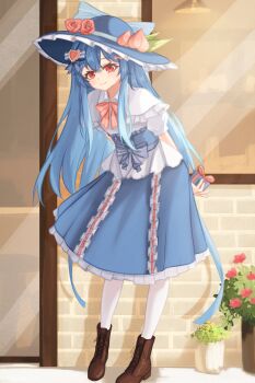 1girl alternate_costume alternate_headwear_color arms_behind_back blue_hair blue_hat boots bow bowtie box brown_boots chunjiu collared_shirt commentary flower fruit_hat_ornament gift gift_box hair_ornament hat hat_flower hat_ornament heart heart_hair_ornament highres hinanawi_tenshi holding holding_gift lace-up_boots leaf_hat_ornament leaning_forward long_hair looking_at_viewer pantyhose peach_hat_ornament pink_bow pink_bowtie pink_flower red_eyes shirt short_sleeves solo touhou very_long_hair white_pantyhose white_shirt