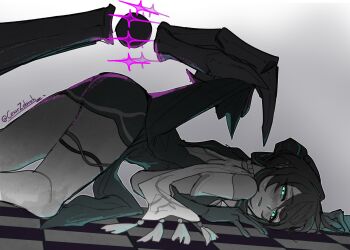 2girls alternate_form ass blush cesar_zebrah claws clothes_lift commentary cross english_commentary gloves green_eyes greyscale hair_bun herta_(honkai:_star_rail) herta_(rubert_iii)_(honkai:_star_rail) highres honkai:_star_rail honkai_(series) large_hands leaning long_hair monochrome multiple_girls ruan_mei_(honkai:_star_rail) size_difference solo_focus tassel thigh_strap thighs twitter_username yuri