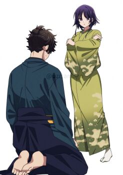 1boy 1girl apologizing black_hakama blue_kimono braid braided_hair_rings brother_and_sister crossed_arms fate/samurai_remnant fate_(series) full_body green_kimono hair_rings hakama highres japanese_clothes kimono miyamoto_iori_(fate) ogasawara_kaya pout print_kimono seiza siblings simple_background sitting standing sweat topknot uzura_(uzrtamago) white_background