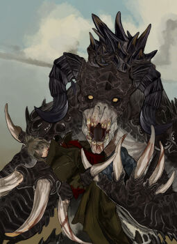 1girl blonde_hair blood blood_on_mouth claws coat death deathclaw fallout fallout:_new_vegas highres horns kkghost_tv lone_wanderer looking_at_viewer monster ncr_veteran_ranger scales severed_limb trench_coat yellow_eyes