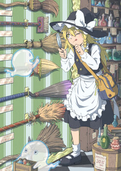 1girl :q apron bag black_hat black_shoes black_skirt black_vest blonde_hair bow braid broom checkered_floor commentary_request hair_bow hat hat_bow highres hitodama holding holding_magnifying_glass inuno_rakugaki jar key kirisame_marisa long_hair long_sleeves magnifying_glass mary_janes one_eye_closed potion price_tag shelf shoes shoulder_bag side_braid single_braid skirt socks solo star_(symbol) tongue tongue_out touhou vest waist_apron white_apron white_bow white_socks witch_hat yellow_eyes
