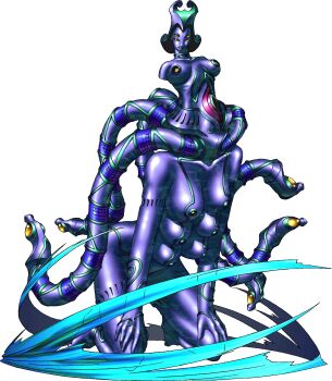 1girl amputee black_hair demon_(megami_tensei) devil_summoner:_soul_hackers devil_summoner_(series) dragon_girl extra_breasts extra_eyes full_body grin hands_on_own_knees highres kazuma_kaneko kneeling looking_at_viewer nipples official_art smile solid_eyes solo tentacles third-party_source tiamat_(megami_tensei) transparent_background wind yellow_eyes