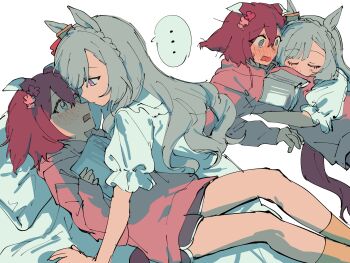 ... 2girls absurdres animal_ears baryumejuya black_shorts blush book braid character_request commentary crown_braid dolphin_shorts dress eye_contact grey_hair highres holding holding_book hood hoodie horse_ears horse_girl horse_tail looking_at_another mejiro_ardan_(umamusume) multiple_girls open_mouth pillow pink_hair pink_hoodie purple_eyes sakura_chiyono_o_(umamusume) shorts simple_background spoken_ellipsis tail umamusume white_background white_dress yuri