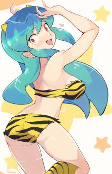 1girl animal_print aqua_hair artist_name ass bikini boots breasts commentary cone_horns fang heart highres horns jellcaps large_breasts long_hair looking_at_viewer looking_back lum open_mouth orange_eyes print_bikini print_boots smile solo star_(symbol) swimsuit tiger_print urusei_yatsura yellow_boots yellow_horns