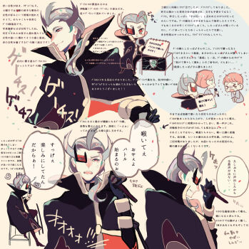 &gt;_&lt; 1girl 2boys absurdres black_cloak black_gloves blonde_hair chair chibi cloak ghetsis_(pokemon) gloves grin high_collar highres holding holding_microphone low_ponytail male_focus microphone multiple_boys multiple_views nintendo on_chair pokemon pokemon_bw ponytail red_eyes scouter side_ponytail sitting smile talking team_plasma_grunt uenoike_(194753) upper_body white_background yellow_trim