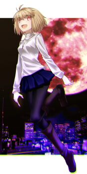 1girl :d arcueid_brunestud black_pantyhose blonde_hair blue_skirt breasts cityscape full_body full_moon highres jewelry long_sleeves looking_at_viewer medium_breasts moon necklace open_mouth pantyhose red_eyes short_hair skirt smile solo sweater tsukihime turtleneck turtleneck_sweater white_sweater yubeshi_(zecxl)