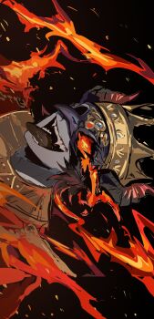 Rule 34 | 1boy, absurdres, bird mask, black background, colored skin, colored tongue, crown, demon horns, eye mask, fangs, fire, flaming eye, fool's gold (identity v), fool's gold (infernal sin) (identity v), grey skin, highres, horns, identity v, male focus, mask, nt 26, official alternate costume, sideways, solo