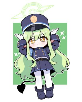 1girl absurdres armband badge belt black_boots black_hat black_tail blue_archive blue_armband blush boots buttons closed_mouth demon_tail double-breasted full_body gloves green_background green_hair green_halo halo hat highres hikari_(blue_archive) jorang_(jorang08) long_hair looking_at_viewer pantyhose peaked_cap pleated_skirt pointy_ears rabbit_pose shirt skirt solo sparkle tail taunting white_gloves white_pantyhose white_shirt yellow_eyes