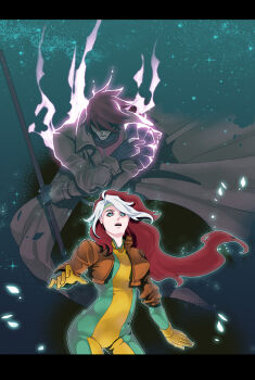 10s 1boy 1girl blue_eyes bodysuit breasts brown_hair card coat gambit gloves headband long_hair marvel multicolored_hair rogue_(x-men) short_hair x-men