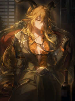 1girl animal_ears arknights armband asymmetrical_sidelocks black_gloves black_necktie blonde_hair blurry blurry_foreground bottle breasts chair closed_mouth collarbone collared_shirt commentary degenbrecher_(arknights) english_commentary gloves goat_ears goat_girl goat_horns green_pants hair_between_eyes helen_zzhao highres holding holding_necktie horns jacket large_breasts light_particles long_hair long_sleeves military_jacket necktie open_clothes open_jacket open_shirt orange_shirt pants shirt sidelocks single_shin_guard single_shoulder_pad sitting solo twitter_username very_long_hair wallet_chain white_armband wine_bottle yellow_eyes