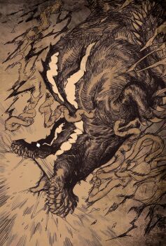 1other absurdres claws commentary deviljho drooling english_commentary glowing glowing_eyes highres krekkov monochrome monster monster_hunter_(series) no_humans open_mouth roaring solo teeth