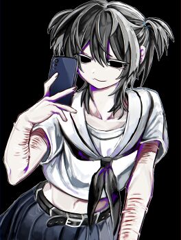 Rule 34 | 1girl, :3, absurdres, aegyo sal, belt, black eyes, blue skirt, chest bow, commentary, hand up, highres, holding, holding phone, looking at phone, midriff, n neko mizu, original, phone, sailor collar, scar, scar on arm, school uniform, self-harm, serafuku, short twintails, skirt, solo, taking picture, twintails, untranslatable commentary, white sailor collar, wrist cutting