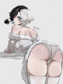Rule 34 | 1girl, absurdres, alternate costume, anger vein, ass, back, bare shoulders, bent over, black hair, blue eyes, blue eyeshadow, blue lips, breasts, cameltoe, closed mouth, commentary, cowboy shot, detached sleeves, dress, earrings, eyeshadow, from behind, fur-trimmed dress, fur trim, gy beth, highres, jewelry, lace, lace-trimmed panties, lace trim, large breasts, looking at viewer, looking back, luna snow, makeup, marvel, marvel rivals, median furrow, multicolored hair, off shoulder, panties, ring light reflection, see-through clothes, shoulder blades, signature, simple background, skindentation, snowflake earrings, solo, split-color hair, thick thighs, thighhighs, thighs, tsurime, two-tone hair, underwear, white background, white dress, white hair, white panties, white thighhighs