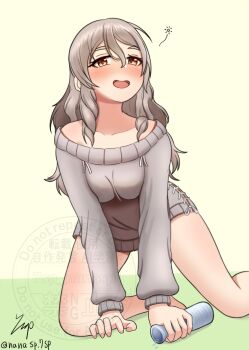 Rule 34 | 1girl, all fours, bottle, brown eyes, commentary request, dress, drunk, grey dress, grey hair, hair between eyes, highres, holding, holding bottle, kantai collection, long hair, looking at viewer, nanasp 7sp, off-shoulder dress, off shoulder, official alternate costume, pola (kancolle), pola (saury festival) (kancolle), signature, solo, sweater, sweater dress, tokkuri, twitter username