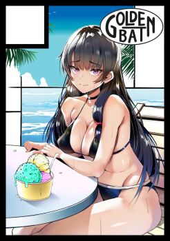 1girl beach bikini black_bikini black_hair breasts circle_cut cleavage closed_mouth comiket_107 cowboy_shot food homra ice_cream isokaze_(kancolle) kantai_collection large_breasts long_hair looking_at_viewer red_eyes smile solo swimsuit