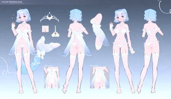 1girl absurdres ass babydoll back bao_the_whale blue_hair bow breasts cetacean_tail cleavage fins fish_tail fishnet_thighhighs fishnets from_side garter_belt garter_straps glasses highres indie_virtual_youtuber lingerie madi_(weeniedesu) medium_breasts multiple_views navel official_art open_mouth panties pearl_choker red_eyes reference_sheet short_hair standing tail thighhighs thighs tiara underwear virtual_youtuber waving whale_girl white_babydoll white_bow white_panties