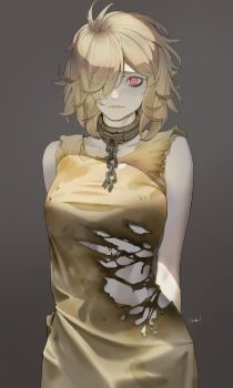 Rule 34 | blonde hair, breasts, brown background, chain, collar, dress, hair over one eye, highres, medium breasts, metal collar, ori dal, original, red eyes, torn clothes, yellow dress