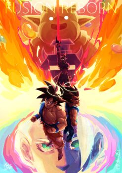 5boys absurdres artist_name back-to-back black_eyes black_hair blonde_hair candy clenched_hand closed_mouth colorful commentary dragon_ball dragonball_z english_commentary english_text fire food from_above glowing glowing_eyes gogeta green_eyes halo hell highres holding holding_sword holding_weapon horns janemba jelly_bean looking_at_viewer male_focus multicolored_background multiple_boys multiple_persona muscular muscular_male open_mouth pointy_ears rykun_dsz signature son_goku spiked_hair super_saiyan sword torn_clothes traditional_halo twitter_username vegeta weapon wristband