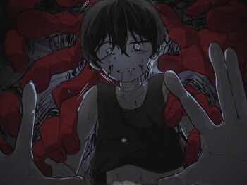 1boy absurdres black_hair black_tank_top collarbone colored_skin double-parted_bangs drooling film_grain hair_between_eyes highres looking_at_viewer male_focus mouth_drool navel omiriomiri omori omori_(omori) parted_lips short_hair solo tank_top upper_body white_eyes white_skin