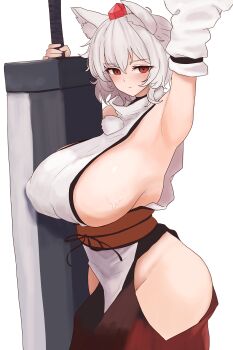 1girl absurdres animal_ear_fluff animal_ears arm_up armpits black_skirt breasts closed_mouth commentary cowboy_shot detached_sleeves expressionless hat highres holding holding_sword holding_weapon huge_breasts huge_weapon inubashiri_momiji looking_at_viewer messy_hair moriforest1040 pom_pom_(clothes) presenting_armpit red_eyes red_hat red_sash revealing_clothes sash shirt short_hair sideboob skirt sleeveless sleeveless_shirt solo standing sword symbol-only_commentary tokin_hat touhou turtleneck turtleneck_shirt unfinished weapon white_background white_hair white_shirt white_sleeves wolf_ears