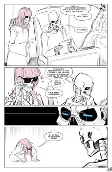 1boy 1girl apologizing blue_eyes bone bowing chair comic death-sensei_(mori_calliope) death_(entity) desk dogeza english_text glaring glasses highres hololive hololive_english kneeling long_hair mori_calliope mx._moz pink_hair profanity red_eyes robe scythe skeleton sorry sunglasses teacher_and_student tiara virtual_youtuber