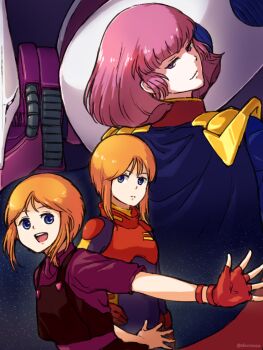 3girls age_difference blue_eyes bob_cut cable cape clone commentary_request elpeo_puru fingerless_gloves gloves gundam gundam_zz haman_karn mecha mecha_pilot_suit military_rank_insignia military_uniform mobile_suit multiple_girls neo_zeon open_mouth orange_hair pink_hair purple_eyes puru_two qubeley robot science_fiction serious size_difference smirk suspenders uzagi