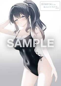 1girl arm_behind_head artist_name black_hair black_one-piece_swimsuit blue_eyes breasts cleavage commentary_request commission commissioner_name covered_navel cowboy_shot dot_nose double-parted_bangs gradient_background grey_background hair_intakes hair_ornament hair_scrunchie high_ponytail large_breasts long_hair looking_at_viewer one-piece_swimsuit original parted_lips ponytail protected_link sample_watermark scrunchie sidelocks simple_background skeb_commission solo swimsuit thank_you translated tsuruse watermark webp-to-png_conversion white_background white_scrunchie
