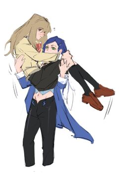 2girls black_pants black_skirt black_socks blue_hair blue_jacket blush brown_hair brown_shoes carrying chinese_commentary commentary_request flying_sweatdrops fujino_shizuru fuuka_academy_school_uniform green_eyes hakson777 highres in-franchise_crossover jacket loafers long_hair midriff multiple_girls my-hime my-otome natsuki_kruger navel pants parted_lips pleated_skirt princess_carry red_eyes school_uniform shoes simple_background skirt socks toned toned_female white_background yuri