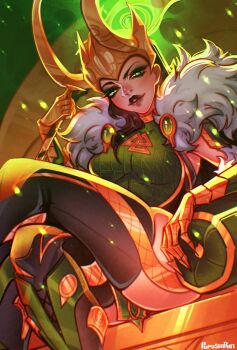 1girl alternate_form armor artist_name black_hair black_lips black_thighhighs boots breasts cape commentary crossed_legs eyeshadow fake_horns fur-trimmed_cape fur_trim glowing gold_gloves green_armor green_boots green_eyes green_eyeshadow highres holding holding_staff horned_headwear horns lady_loki loki_(marvel) long_hair looking_at_viewer looking_down makeup marvel marvel_rivals medium_breasts official_alternate_design parted_lips poposhirat sitting sitting_on_throne skindentation solo staff thighhighs thor_(marvel)_(series) throne valknut_(symbol)
