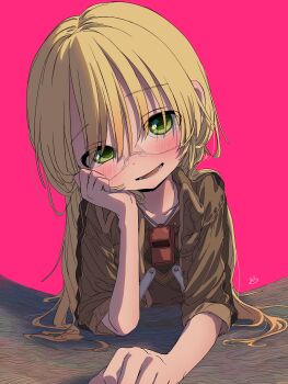 1girl absurdres blonde_hair blush brown_jacket brown_vest collarbone commentary_request glasses green_eyes hand_on_own_cheek hand_on_own_face highres jacket long_hair looking_at_viewer made_in_abyss mesugaki open_mouth pink_background riko_(made_in_abyss) sekaineko_001 short_sleeves smile solo twintails upper_body vest whistle whistle_around_neck