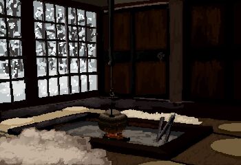 Rule 34 | ashes, bare tree, cabin, condensation, fire, futon, hanging object, highres, hisachan55cute, indoors, irori (hearth), jizaikagi, no humans, original, pixel art, scenery, snowing, teapot, tree, window, window fog, winter