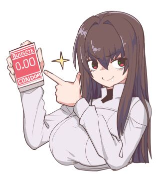Rule 34 | 1girl, breasts, brown hair, commentary request, condom, condom box, cropped torso, drooling, elflorri, finger gun, hair intakes, large breasts, last origin, looking at viewer, partial commentary, pointing, red eyes, royal arsenal, saliva, simple background, smile, solo, sparkle, straight hair, white background