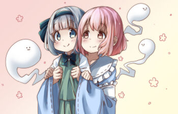 Rule 34 | aged down, armpit carry, black bow, black bowtie, black hairband, blue kimono, bow, bow hairband, bowtie, carrying, carrying person, closed mouth, collared shirt, commentary request, eye contact, frilled shirt collar, frills, gradient background, green skirt, green vest, grey eyes, grey hair, hairband, heads together, highres, hug, hug from behind, japanese clothes, kimono, konpaku youmu, konpaku youmu (ghost), looking at another, no headwear, pegashi, pink eyes, pink hair, saigyouji yuyuko, shirt, short hair, skirt, smile, touhou, upper body, vest, white shirt