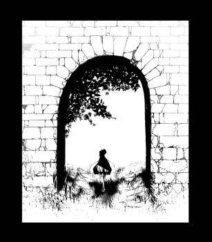 1girl abigail_williams_(fate) arch border brick_wall commentary_request dress fate/grand_order fate_(series) full_body grass greyscale kuromasa_shisei long_hair monochrome shade shadow solo