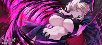 Rule 34 | 1girl, armor, artoria pendragon (fate), artoria pendragon (lancer alter) (fate), black bodysuit, blonde hair, bodysuit, braid, breasts, cape, center opening, cleavage, dark rhongomyniad (fate), fate/grand order, fate (series), faulds, gauntlets, highres, horns, lance, large breasts, long hair, looking at viewer, mendo0821, navel, polearm, ribbed bodysuit, sidelocks, solo, underboob, weapon, yellow eyes