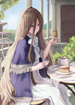 1girl bird bird_on_hand blue_robe brown_eyes brown_hair cake cake_slice chair commentary cup day dress english_commentary food fountain hair_between_eyes highres holding holding_cup long_hair long_hair_between_eyes outdoors plate robe rurikon sense_(sousou_no_frieren) sitting solo sousou_no_frieren spoon table tea teacup teapot tree very_long_hair water white_dress