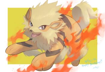 Rule 34 | arcanine, artist name, border, fire, gen 1 pokemon, highres, looking at viewer, nintendo, no humans, nullma, open mouth, pokemon, pokemon (creature), signature, simple background, solo, tongue, tongue out, watermark, white border, yellow background