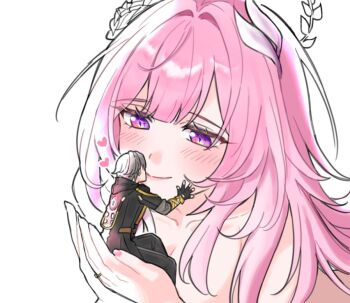 1boy 1girl cyrene_(honkai:_star_rail) cyrene_(ripples_of_past_reverie)_(honkai:_star_rail) diamond-shaped_pupils diamond_(shape) grey_hair haengj9 hair_intakes heart honkai:_star_rail honkai_(series) looking_at_another pink_hair pink_nails purple_eyes simple_background size_difference symbol-shaped_pupils white_background