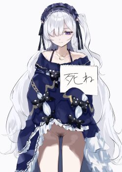 1girl absurdres blue_hairband bow closed_mouth clothes_lift crescent crescent_necklace dera_self dress dress_lift female_pubic_hair frilled_dress frills gothic_lolita hairband highres holding holding_sketchbook jewelry lifting_own_clothes lolita_fashion lolita_hairband long_hair mahou_shoujo_no_majo_saiban natsume_an-an necklace no_panties polka_dot polka_dot_bow pubic_hair pubic_hair_peek simple_background sketchbook sleeves_past_fingers sleeves_past_wrists solo white_background white_hair