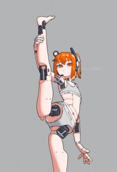 1girl a.i._voice adachi_rei android barefoot closed_mouth grey_background grey_panties grey_sports_bra highres joints kanbaru_mitsuki leg_up looking_at_viewer one_side_up orange_eyes orange_hair panties robot_joints simple_background solo split sports_bra standing standing_on_one_leg standing_split underwear utau