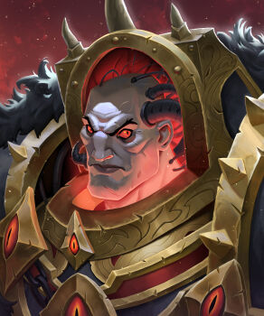 1boy absurdres armor bald black_armor breastplate chaos_(warhammer) eyes_of_horus_(warhammer_40k) full_armor glowing glowing_eyes gold_trim gorget hair_tubes highres horus_lupercal lionsden looking_at_viewer ornate_armor pale_skin pauldrons pelt power_armor primarch red_eyes shoulder_armor slit_pupils terminator_armor warhammer_40k wire