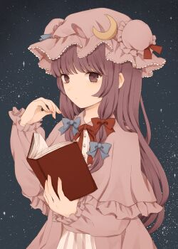 1girl absurdres blue_bow book bow commentary_request crescent crescent_hat_ornament dress expressionless hair_bow hat hat_ornament highres holding holding_book ichigo_(ichigoxxusagi) long_hair mob_cap patchouli_knowledge pink_hat purple_dress purple_eyes red_bow sidelocks solo touhou