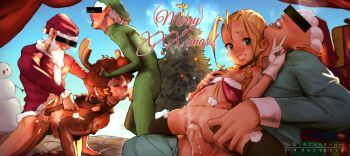 2girls 3boys afro age_difference alternate_costume animal_costume antlers artist_name beard bell big_hair blonde_hair blue_eyes blush bottomless braid breasts breath censored choker christmas christmas_tree cindy_mcphearson closed_eyes clothed_sex collar cosplay cum cum_in_pussy cum_overflow diathorn english_text eyes_visible_through_hair facial_hair fellatio flat_chest fur_trim gloves grin group_sex hat hetero horns censored_identity jazmine_dubois loli long_hair long_sleeves looking_at_viewer looking_to_the_side merry_christmas multiple_boys multiple_girls neck_bell open_mouth oral orgy outdoors penis pixiv_id pointless_censoring pointy_ears profile red_headwear red_legwear reindeer_antlers reindeer_costume rudolph_the_red_nosed_reindeer rudolph_the_red_nosed_reindeer_(cosplay) saliva santa_claus santa_hat sex size_difference small_breasts smile snowman spitroast spread_legs teeth testicles the_boondocks thighhighs tongue tongue_out uncensored v vaginal white_gloves