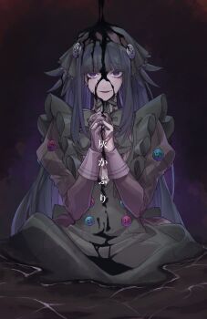 1girl bandaged_fingers bandages bandaid bandaid_on_hand black_background black_headscarf blunt_bangs bow bowtie buttons dark_green_hair dress garbodor gen_5_pokemon gloves green_bow green_bowtie green_dress grey_gloves grey_shirt headscarf highres ink juliet_sleeves liquid lollypopcandy8050 long_hair long_sleeves looking_at_viewer nintendo own_hands_clasped own_hands_together parted_lips personification pinafore_dress pokemon pouring puffy_sleeves purple_eyes shirt single_glove sleeve_cuffs sleeveless sleeveless_dress smile solo straight-on wading water