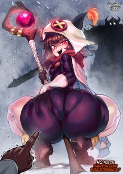 1girl 2boys ass breasts brown_hair grabbing_own_ass hat holding holding_staff holding_sword holding_weapon huge_ass kono_subarashii_sekai_ni_shukufuku_wo! long_hair looking_back megumin multiple_boys open_mouth pov presenting_own_ass presenting_own_body red_eyes satou_kazuma small_breasts smile staff staff_(weapon) sword the_golden_smurf trembling weapon wizard wizard_hat
