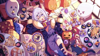 Rule 34 | 1girl, animal, animal collar, animal ears, animal print, asymmetrical clothes, bat hair ornament, bat print, belt, black cat, black nails, bow, buckle, candy, cat, cat ears, champagne flute, checkered floor, coat, collar, commission, crossed bangs, cup, cupcake, cushion, donut, drinking glass, eyeball, fang, fingerless gloves, fingernails, food, fork, fur-trimmed coat, fur trim, ghost, gloves, hair ornament, halloween, ikarumi yuzuru, indie virtual youtuber, jack-o'-lantern, leg wrap, lollipop, long fingernails, lying, macaron, marshmallow, mug, omelet, on back, on floor, orange bow, overall shorts, overalls, pie, plate, purple eyes, purple hair, skeb commission, taiyaki, umesaka huru, virtual youtuber, wagashi, webp-to-png conversion, wolf cut, wrapped candy