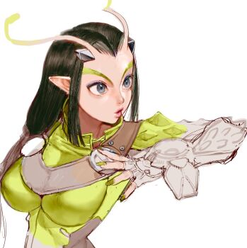 1girl alien antennae arthropod_girl bodysuit breasts commentary conto english_commentary eyeshadow facial_mark fingerless_gloves fingernails gloves green_bodysuit green_hair green_nails hand_up large_breasts long_fingernails long_hair looking_down makeup mantis_(marvel) marvel marvel_rivals nail_polish parted_lips purple_eyeshadow solo upper_body white_gloves