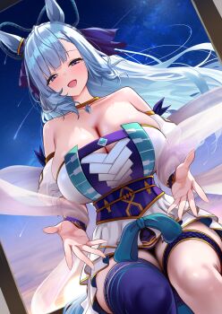 1girl animal_ears bare_shoulders blue_hair blue_tail blue_thighhighs breasts cleavage collarbone commentary_request ear_ornament evening herohero_(higashi_no_dou) highres horse_ears horse_girl horse_tail large_breasts long_hair mejiro_ardan_(flowers_of_prayer_dance_in_the_night_breeze)_(umamusume) mejiro_ardan_(umamusume) open_mouth single_thighhigh sitting sky smile solo tail thighhighs umamusume