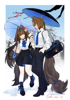 1boy 1girl alternate_costume animal_ear_fluff animal_ears bag belt black_pants black_shoes black_skirt black_umbrella blue_hairband blue_neckerchief blue_necktie blue_socks blue_umbrella brother_and_sister brown_hair brown_tail calx closed_mouth dated droopy_ears flower glasses grin hair_flower hair_ornament hairband hand_in_pocket hashtag-only_commentary highres holding holding_umbrella long_hair looking_at_another neckerchief necktie one_eye_closed pants pink_flower red_eyes shirt shoes shoulder_bag siblings skirt smile socks umbrella very_long_hair white_shirt ye_shiyuan ye_shunguang zenless_zone_zero